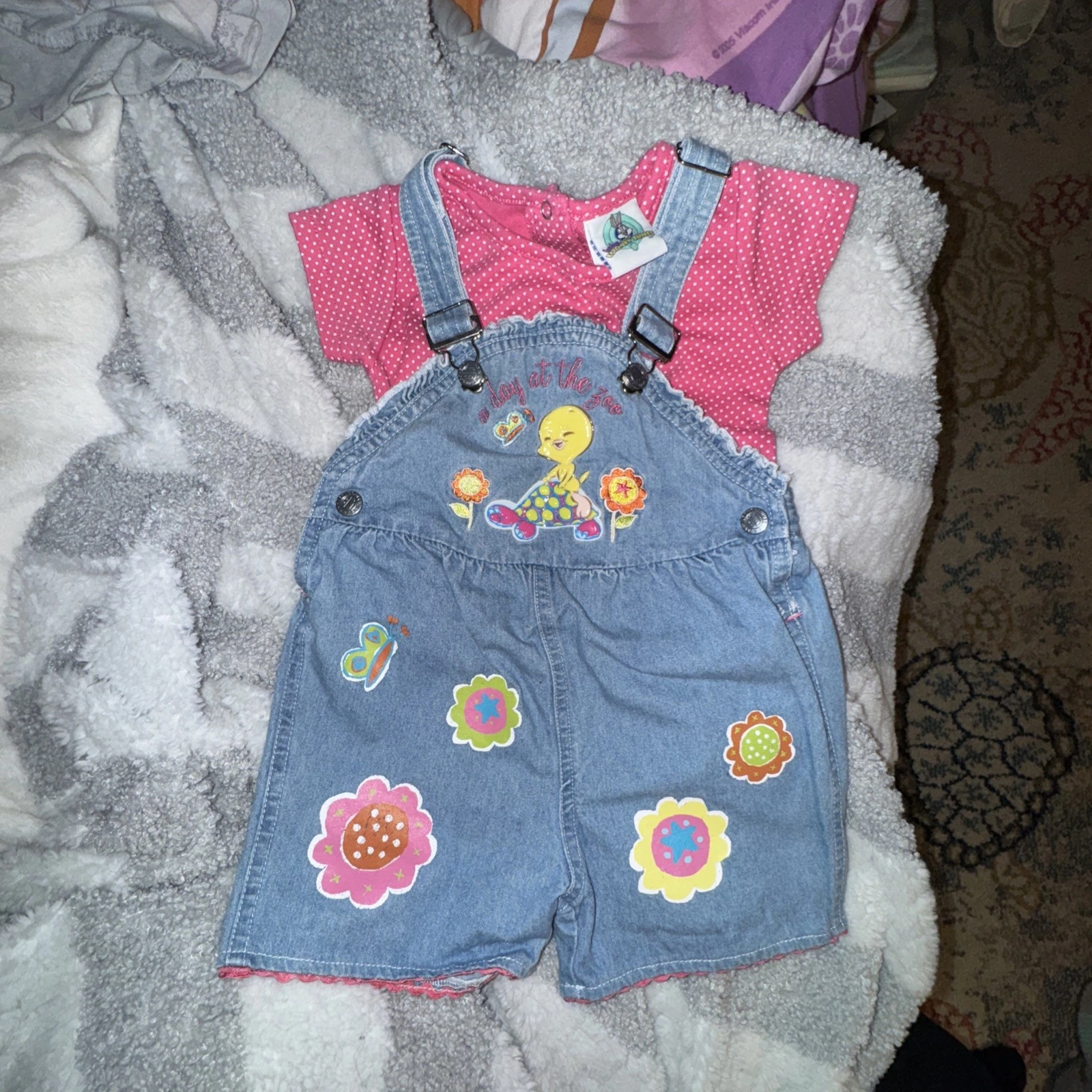 VTG 2002 Looney Tunes Tweety Bird Overalls 18 Months A Day At The Zoo with shirt