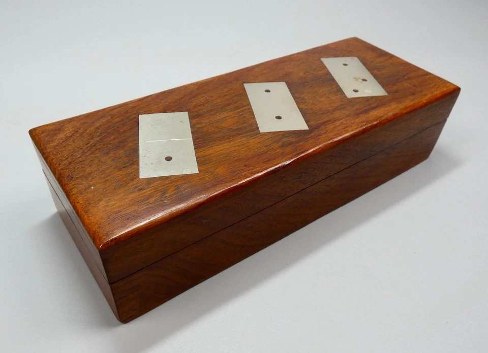 Vintage Wooden Dominoes Set Walnut Box Brass Inlay 28 Dominoes Handcrafted - VGC - Image 2 of 4