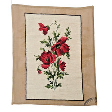 Vintage Finished Red Poppy Floral Needlepoint Canvas Panel Hand Stitched 9x14"