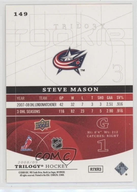 2008-09 Upper Deck Trilogy Rookie Premieres /999 Steve Mason #149 Rookie RC - Image 2 of 2