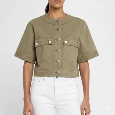 $428 Veronica Beard Elias Green Cotton Jacket Womens Size M Short Sleeve New
