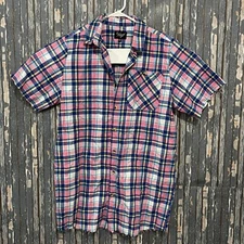Reclaimed Vintage Raw Hem Flannel Plaid Short Sleeve Button Up Mens Large