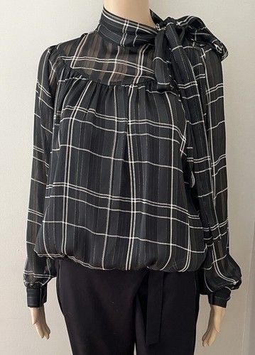 Cue Check Tie Neck Relaxed Fit Blouse In Black Size 6 - Picture 2 of 12
