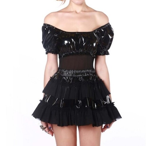 Black Latex Off The Shoulder Top Sexy Gothic Streetwear Club Party PVC Blouse - Foto 3 di 14