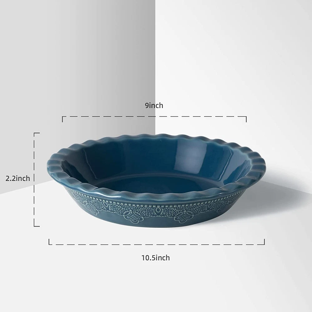 FE Pie Pan, 10-1/2 Inches Ceramic Dish, Deep Dish Pan Grayish Blue