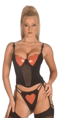 Damen schwarz & rot Herz Mieder Set mit transparentem Einsatz und G-String