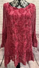 Jacopo Moda Italy Pink Mesh  3D Flowers Roll Tab Sleeve Lined Sheered Tunic L/XL