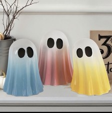 Ceramic Ghost Figurines Halloween Gradient Decor Pink Blue Yellow Set of 3 4"