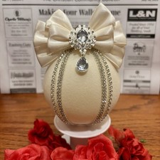 Flocked Beige Velvet Holiday Christmas Ornament Ball Handmade Crystals Bow