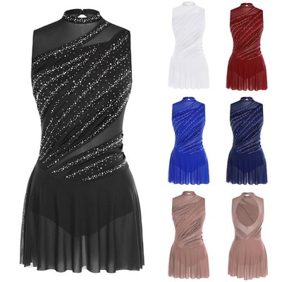 Women Dress Themed Dancewear Performance Bodysuit Combination Round Collar Body