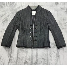 Worth Military Button Front Denim Jacket Size 2 Faded Black Stretch Office Goth