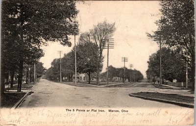 1906 Marion Ohio The 5 Points Flat Iron Street Scene Postcard American News