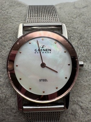Grenen Denmark Mother of Pearl Dial Silver Tone Mesh Band Watch New Battery