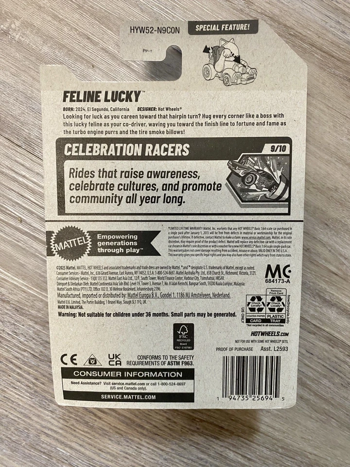 Hot Wheels Celebration Racers 2025 #9 Feline Lucky White Cat Car Red NEW - Image 3 of 3