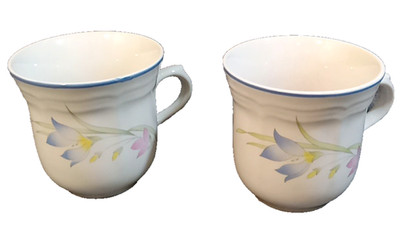 French Garden Tea Cups Stoneware White Blue Floral Genuine VTG Handle Set Of 2
