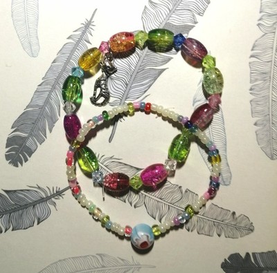 Multicolour Glass Acrylic Cat Charm Bohemian Beaded Stacking Bracelet Set Of 2