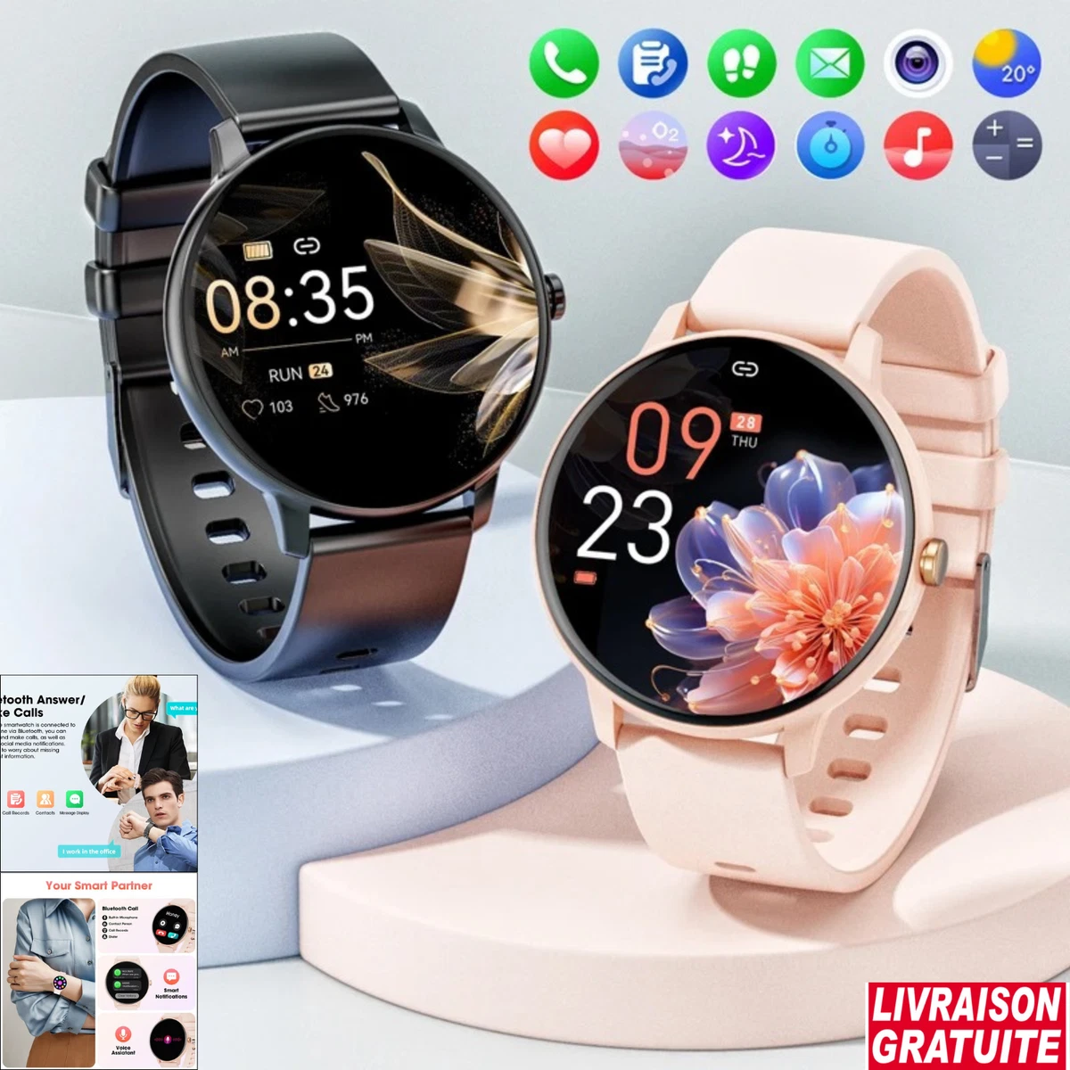 Montre Connectée Laxasfit 5609 – Écran Tactile – Bracelet Blanc/rose/noir – Android/iOS