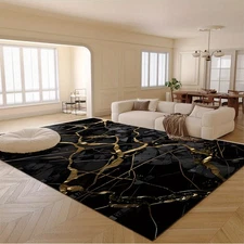Luxury Velvet Area Mat - 850gm2, Black & Golden Geometric Pattern, Machine Washa