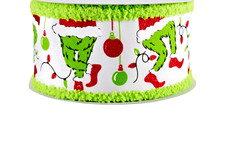 Monster Legs Christmas Grinch 2.5" by 2 yd White Wired Ribbon Lime Chenille Edge