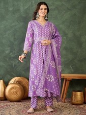 Women Lavender Plus Size Embroidered Indian Kurta Top & Trousers With Dupatta