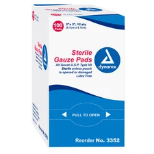Dynarex Gauze Pad, #3352 12-Ply 2 x 2 Inch Square Sterile, Box of 100