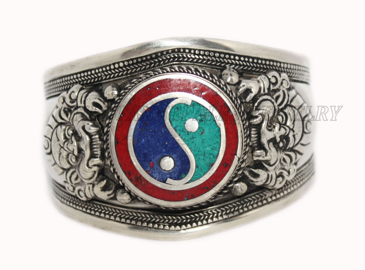 Silver Ying Yang Cuff Bracelet with Turquoise Coral Boho Design