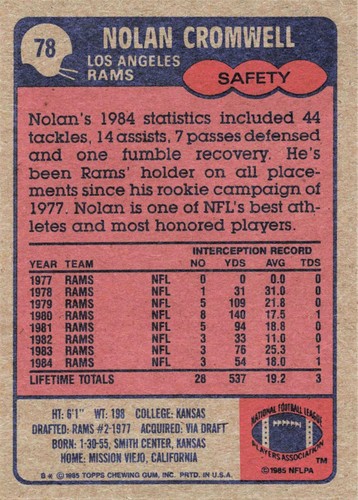 1985 Topps Football Nolan Cromwell Los Angeles Rams #78 - Picture 2 of 2