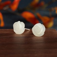 Hand Carved White Jade Rose Flower Shaped Healing Dainty Stud Earrings for Women