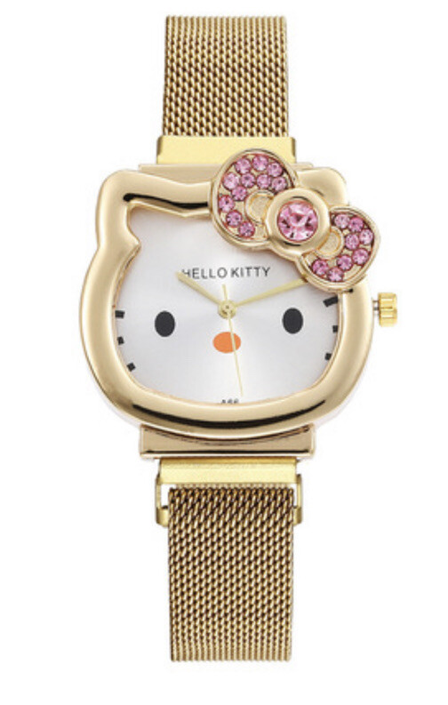 Hello Kitty Rhinestone Yellow Gold Steel Watch for Girls  display picture 1