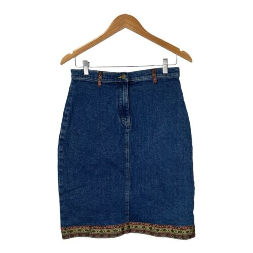 Vintage Carol Little Sport Denim Jean Skirt Embroidered Trim Women Size 8