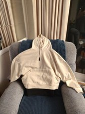 Zara Crop Sweatshirt Hoodie Women's Medium M Long Sleeve Pocket Drawstring White