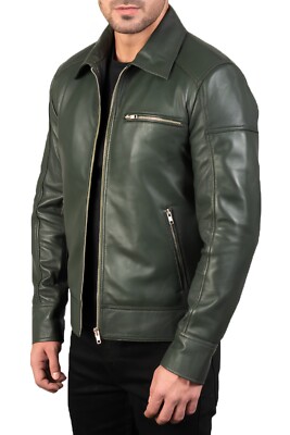 Men's Light Weight Leather Jacket Military Green