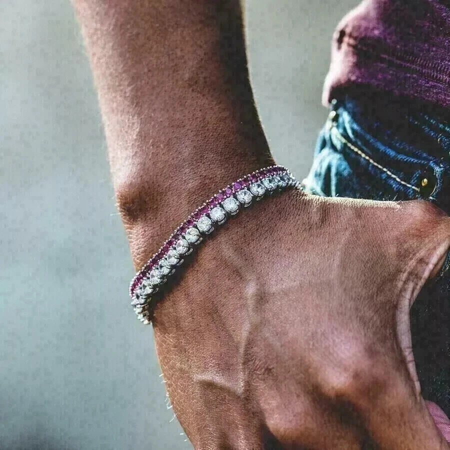 7CT Round Cut Lab Created Pink Ruby Men's Tennis Bracelet 14K White Gold Finish - Image 2 of 3