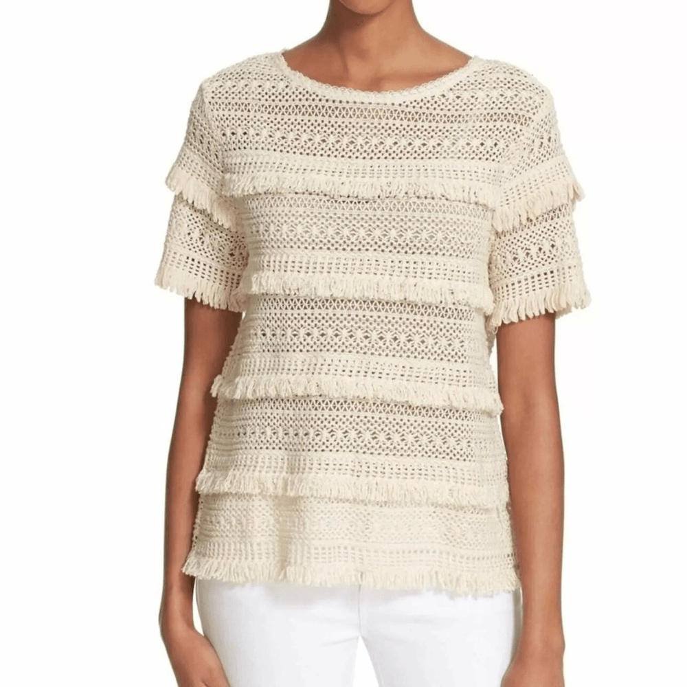 Joie Rafael Boho Cream Fringe Crochet Short Sleeve Top Size Small