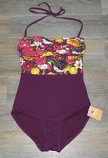 BNWT Ladies Purple Floral Cross Over Padded Tummy Control Bandeau Swimsuit 10