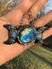Huge Labradorite Pendant Necklace Artisan Handcrafted Triple Moon