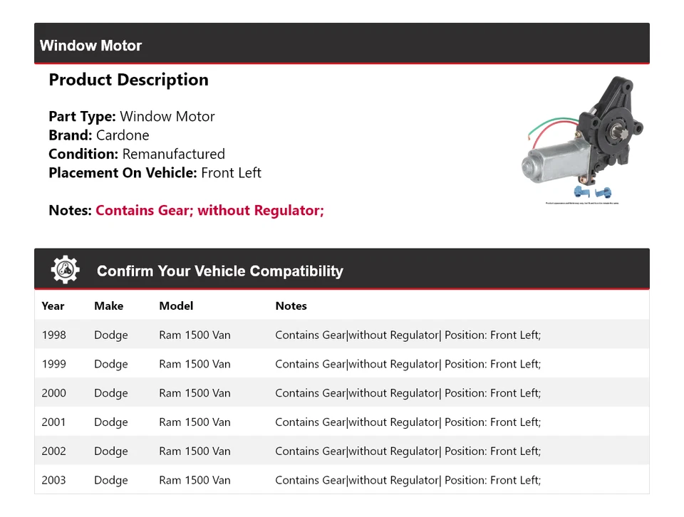 For 1998-2003 Dodge Ram 1500 Van Window Motor Front Left Cardone 1999 2000 2001 - Image 2 of 4