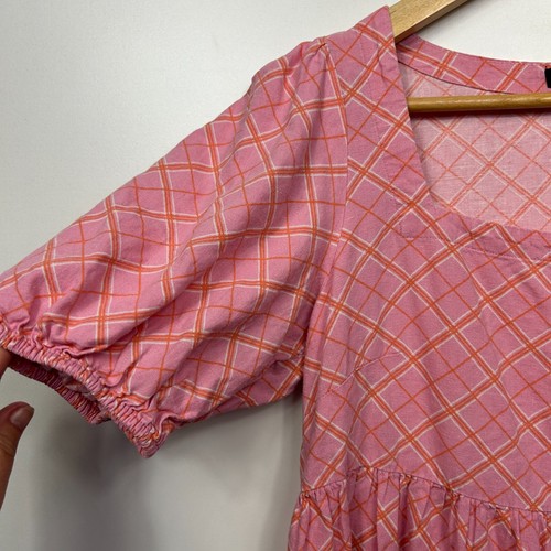 Sportsgirl Dress Size 8 Pink Short Puff Sleeve Check Linen Blend - Picture 4 of 10