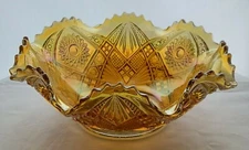  Iridescent Orange Marigold Ruffled Edge Hobstar Carnival Bowl 9" Vintage
