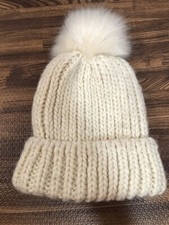 Women's Knitted Beanie Hat Creamy with Faux Fur Pom Pom One Size