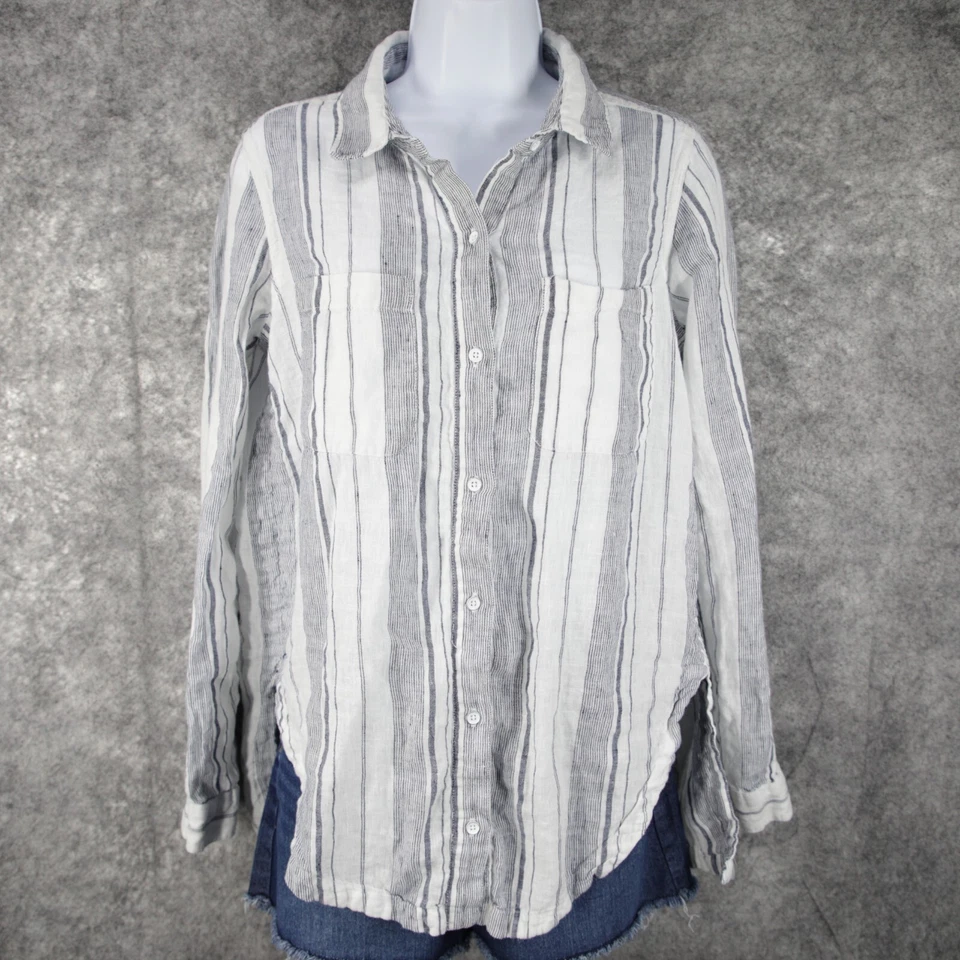 Camisa Athleta Mujer Pequeña Blanca Azul Rayas Todo Lino Alta Baja Novio Lagenlook Foto 2 de 4