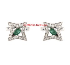 Natural Emerald  CZ Gemstones with 925 Sterling Silver Cufflinks For Men's 577