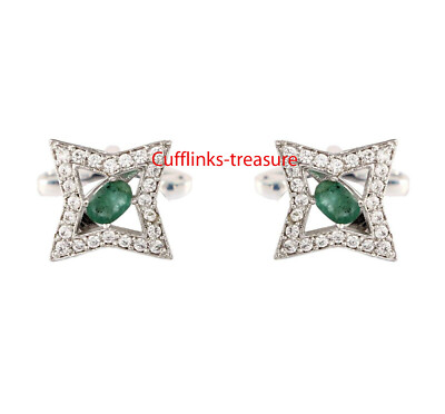 Natural Emerald & CZ Gemstones with 925 Sterling Silver Cufflinks For Men's #577