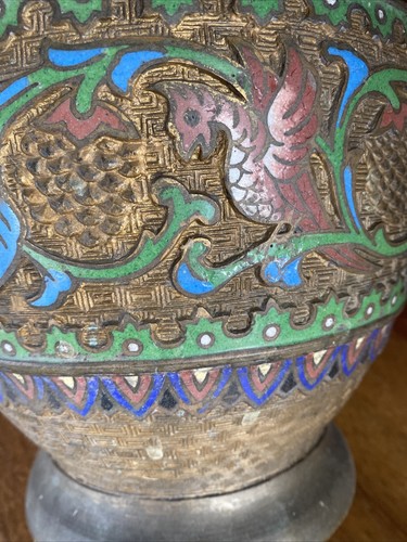 Antique Chinese Brass Champleve Vase Lamp Base With Birds - Picture 9 of 10