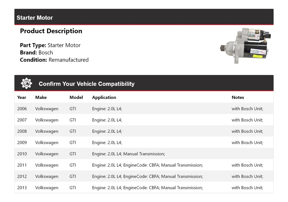 Motor De Arranque Bosch Para Volkswagen GTI 2006-2013 2,0 L L4 (Remanufacturado) 2007 2008 Foto 2 de 4