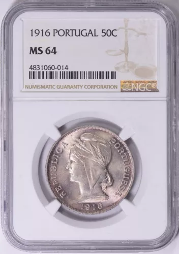 1916 Portugal 50 Centavos Silver NGC MS64 GEM Great Toning!