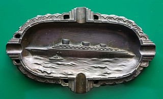 SS NORMANDIE 1935 LE PAQUEBOT NORMANDIE METAL SOUVENIR ASHTRAY VGC ART DECO