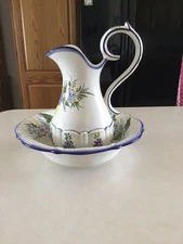 Vintage Ceramic Hand Painted Pitcher & Wash Basin Made In Portugal