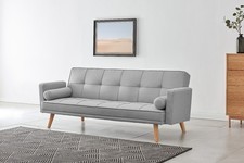 3 Seater Sofa Bed Tufted Design Linen Fabric With Bolster Cushions, Light Grey