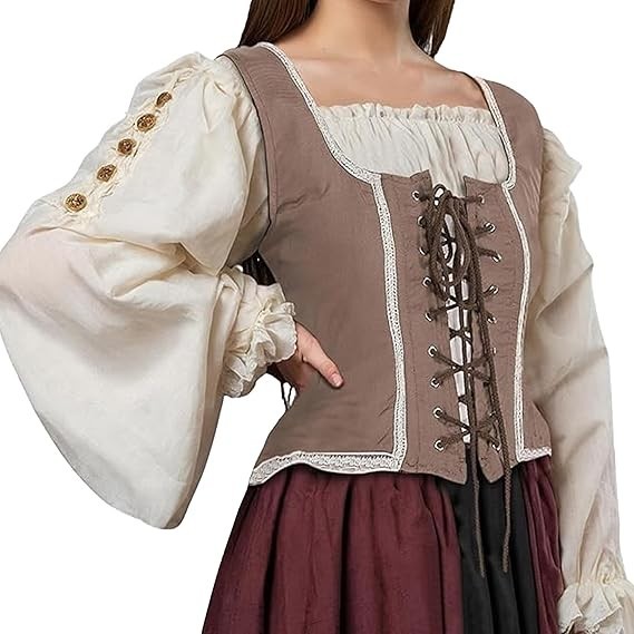 Medieval Mujer Pirata Renacimiento Disfraz Reversible Campesino Corpiño Marrón